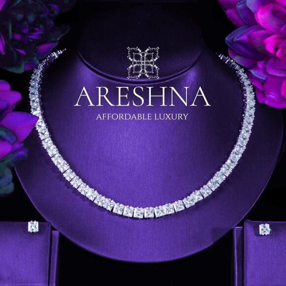 Princess Cut Diamond Bridal Jewelry Set Necklace Earrings Crystal Set - Picture 1 of 8